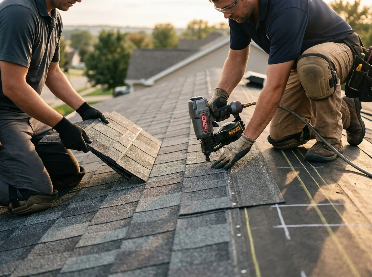 Professional roofer working on a residential roof in Poteau